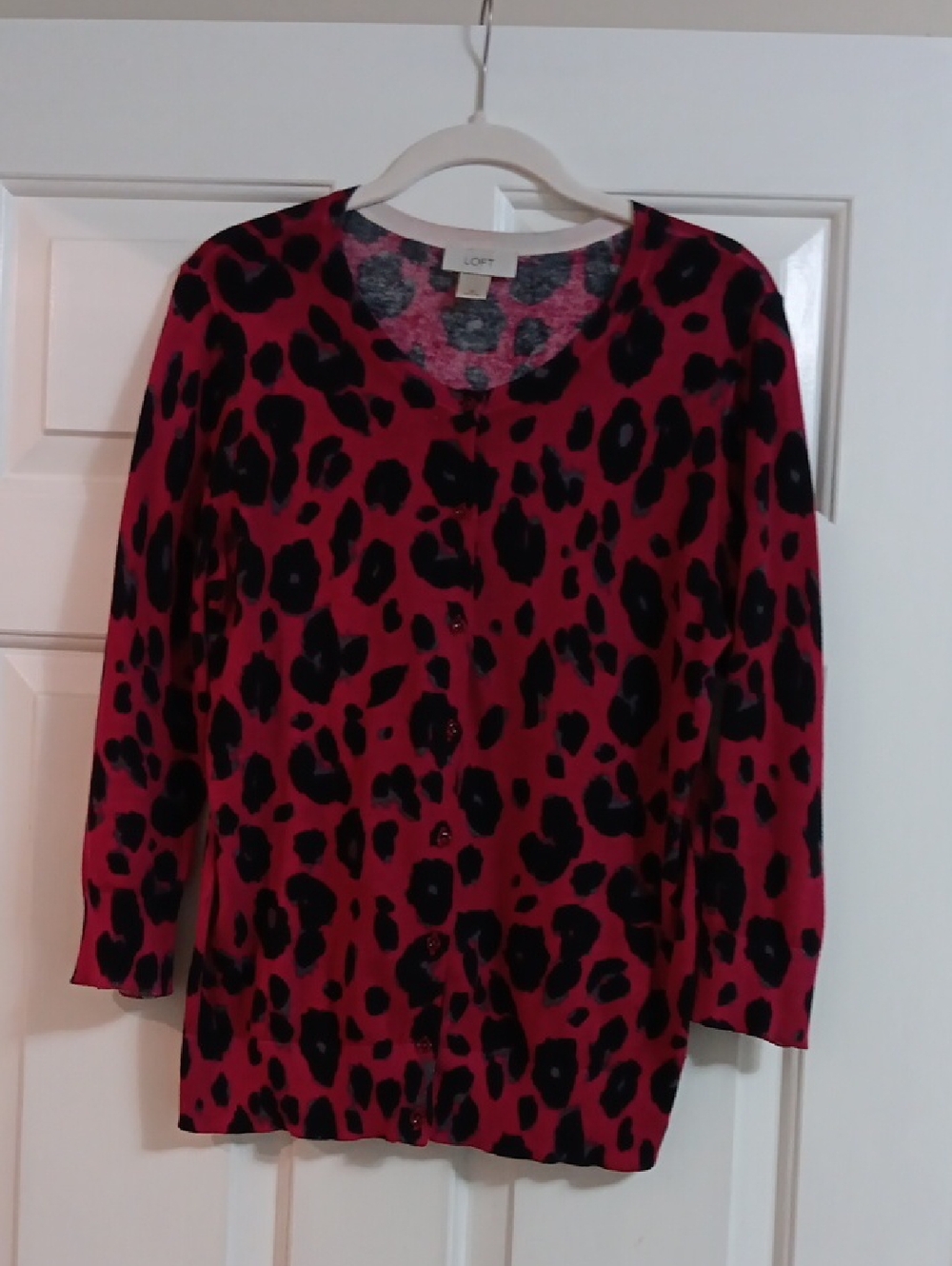 LOFT Black & Red Leopard-Print Button Cardigan